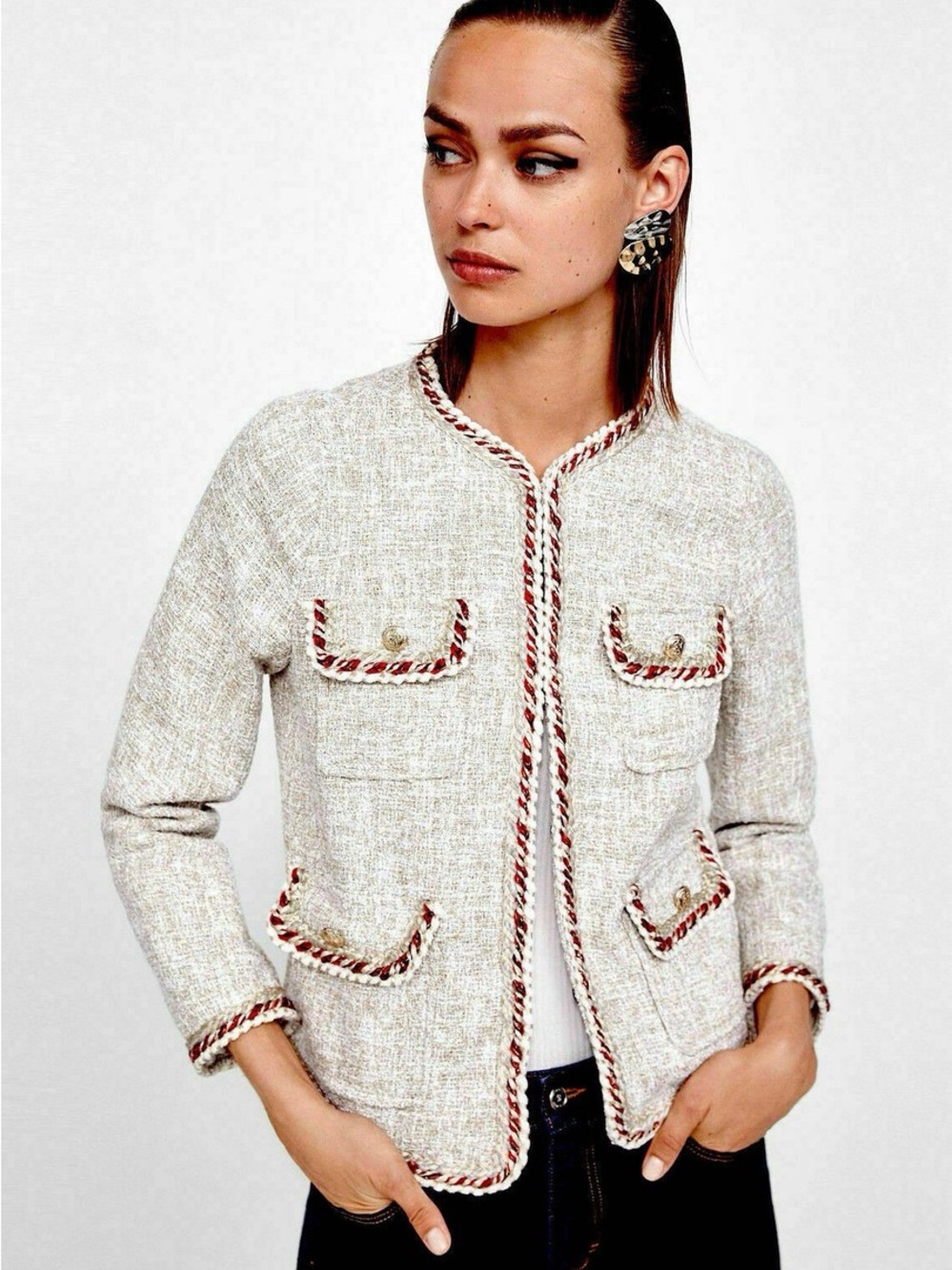 Zara Cream Tweed Jacket with Red Trim